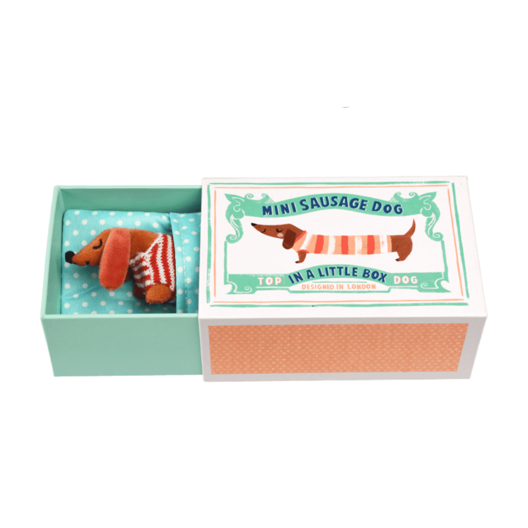 mini sausage dog plush toy in a little box