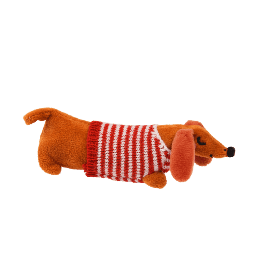 mini sausage dog plush toy in a little box