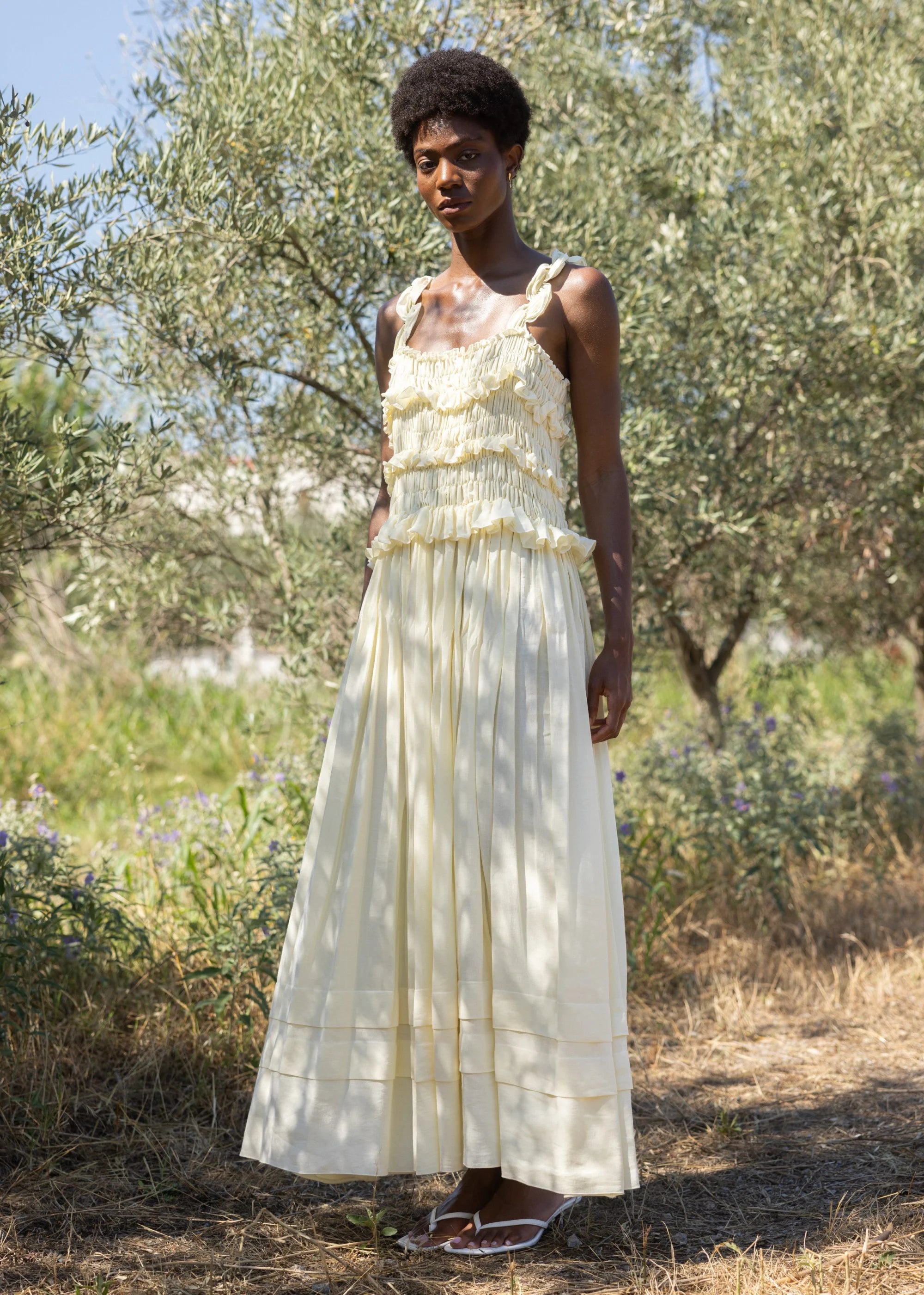 レディース holiday COTTON LINEN RUFFLE RUFFLE DRESS