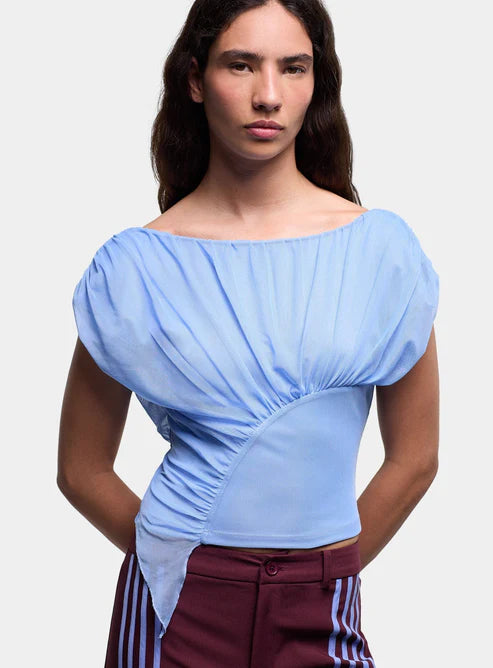 top Gemini blue draped top