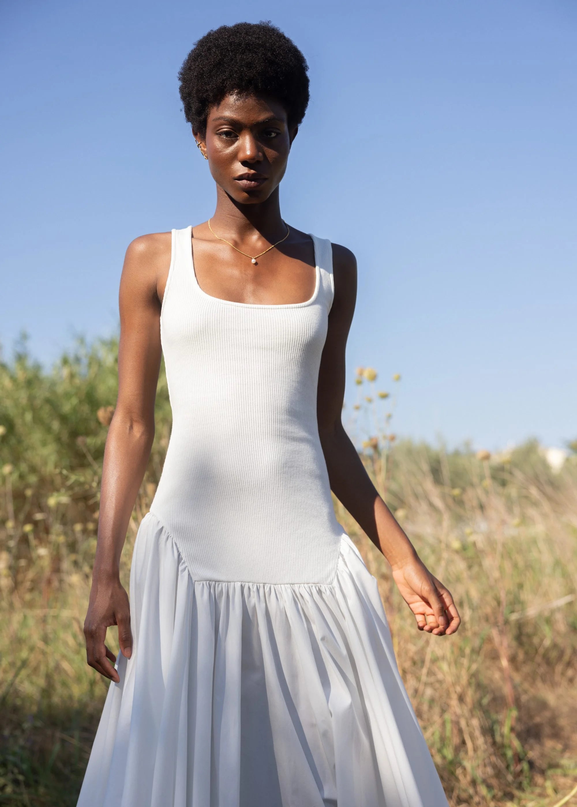 šaty midi Ribbed Cotton-Poplin