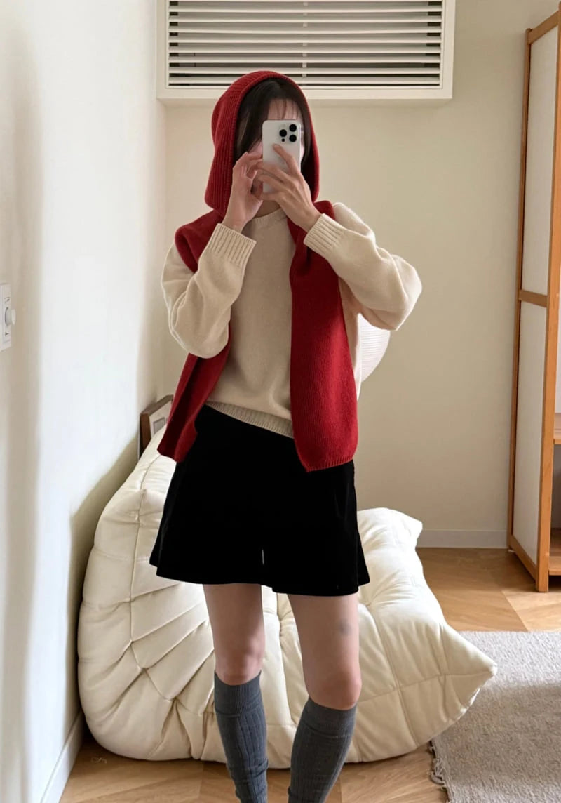 vlněná kapuce se šálou - red