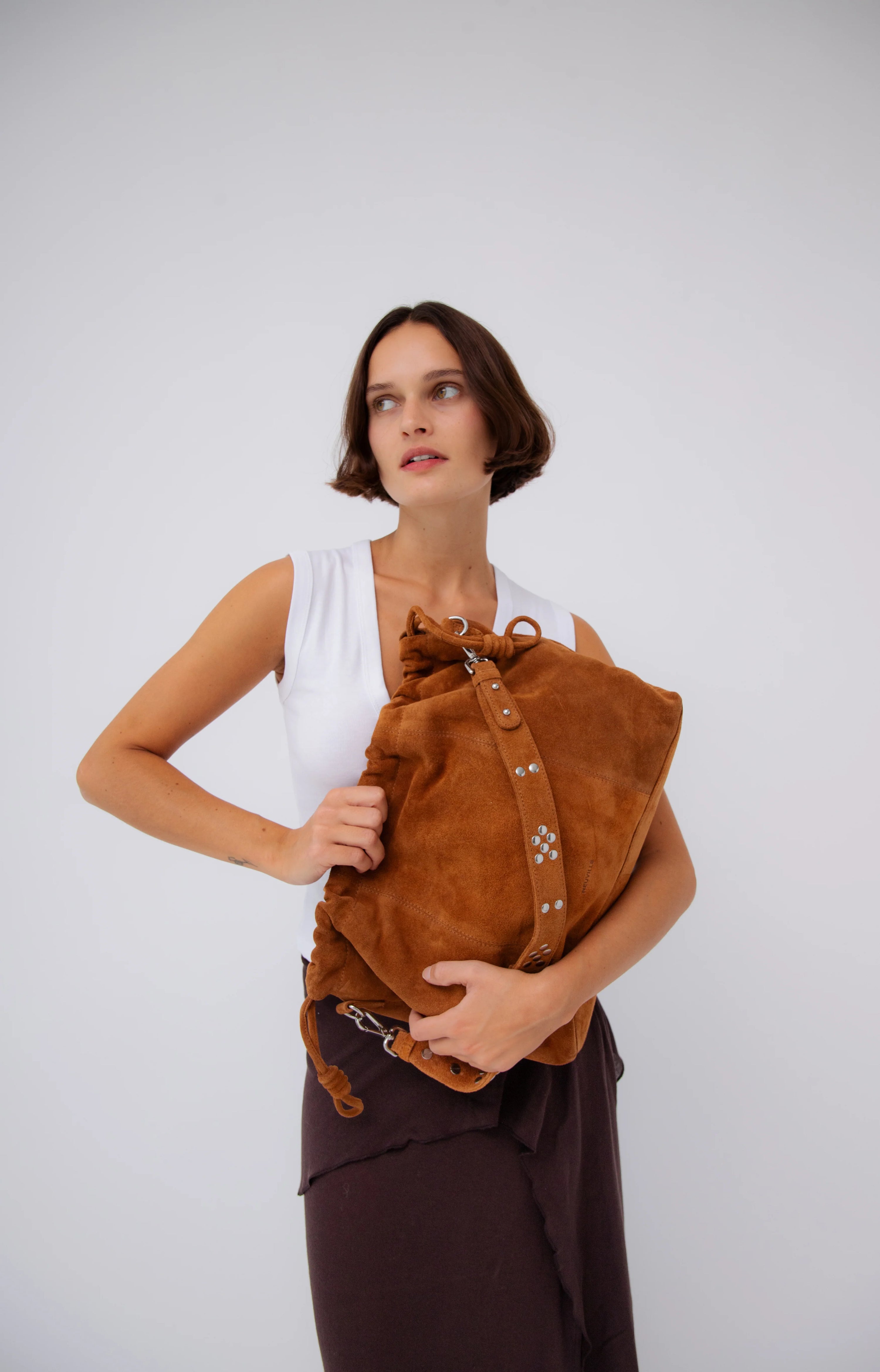 Elliot caramel suede handbag