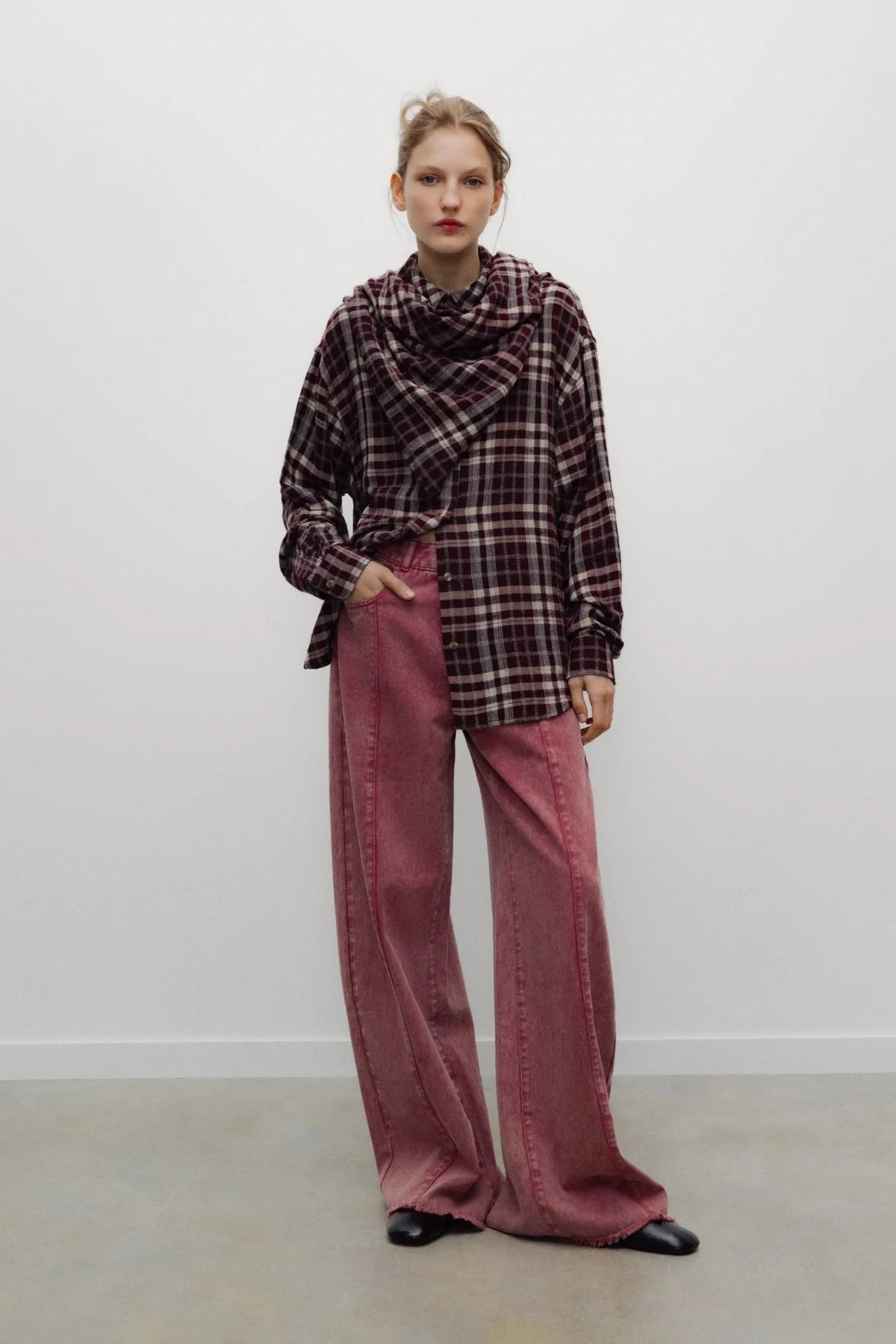 kalhoty denim wide leg rumba red