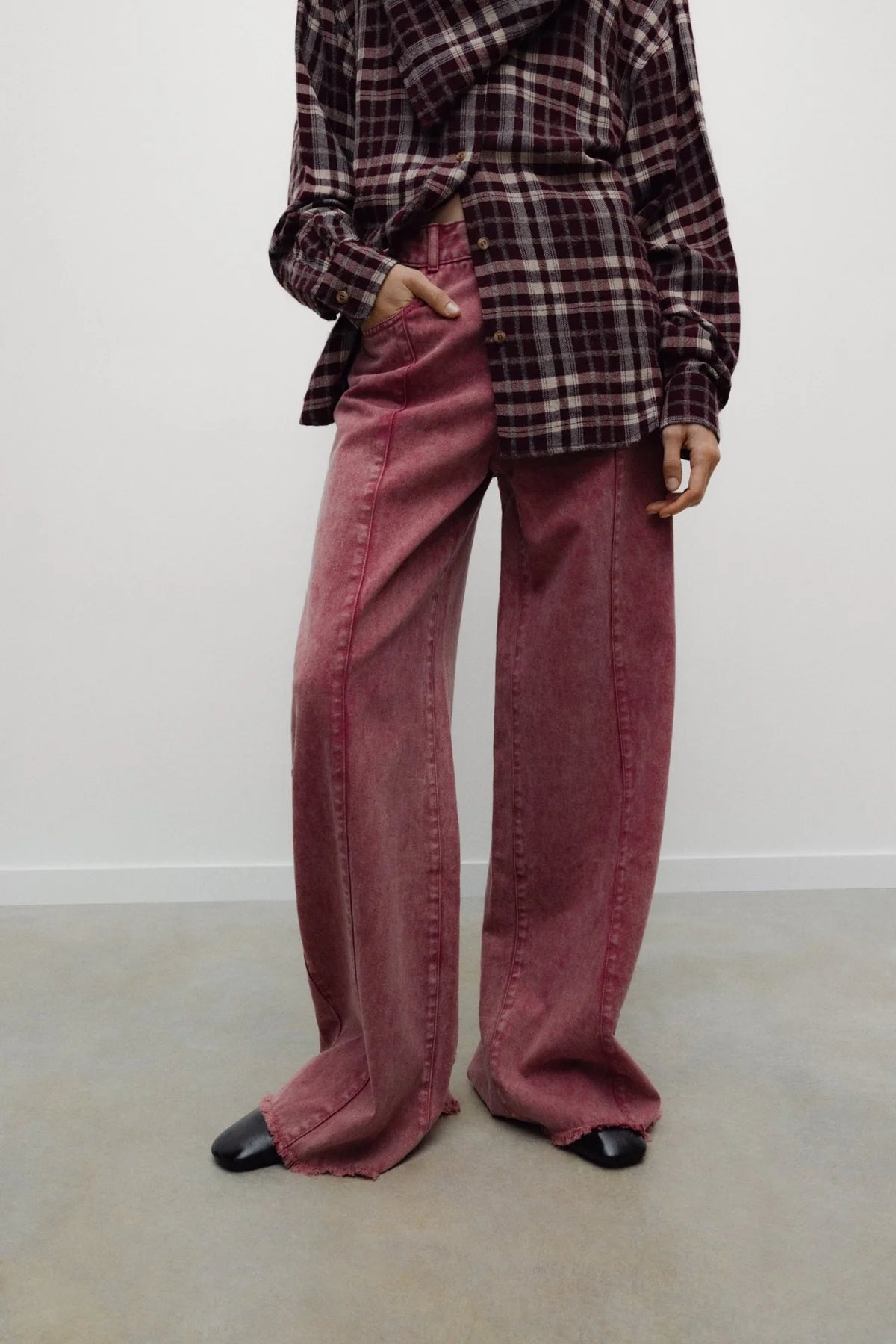 kalhoty denim wide leg rumba red